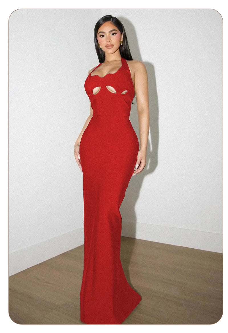 Vj Gachi Elegant Knit Halter Black Evening Gown
