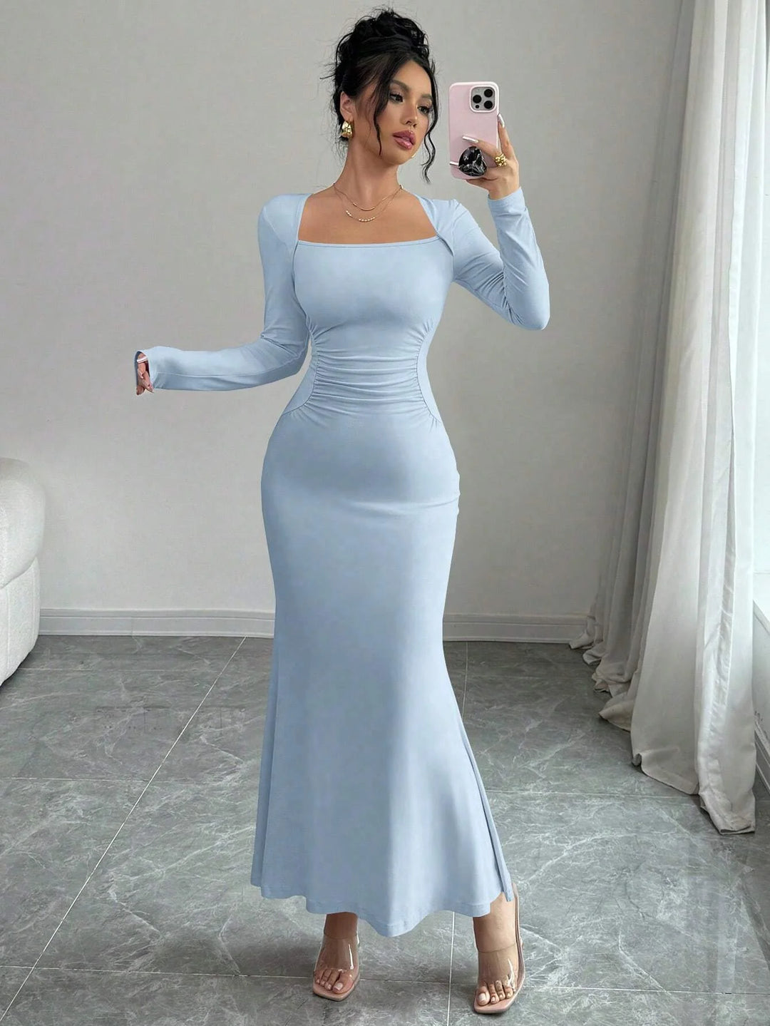 Elegant Retro Square Collar Long Sleeve Dress For Women