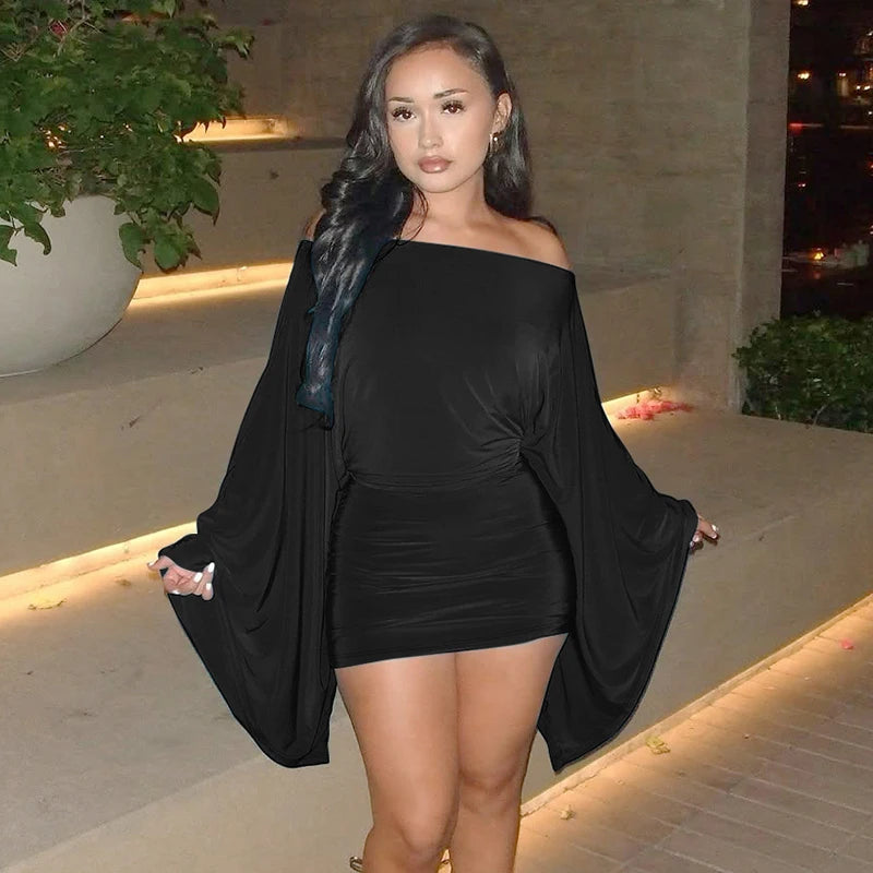 Elegant Ruched Mini Knit Dress With Cloak Sleeves