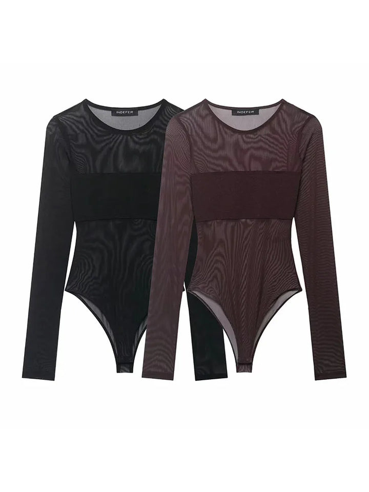 Sexy Mesh Bodysuit Women See Through Neck Jumpsuit