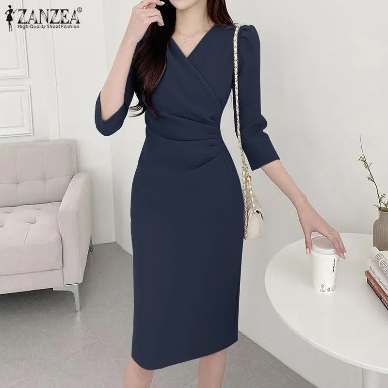 Elegant V Neck Bodycon Dress Fine Weave Workwear