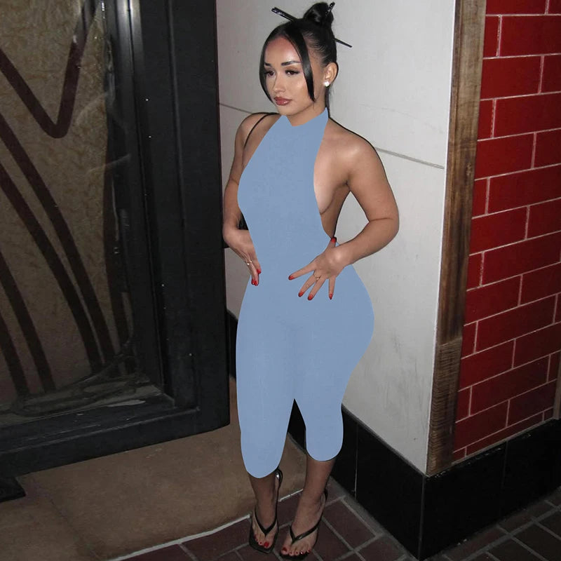 Elegant Ribbed Knit Halter Neck Bodycon Jumpsuit