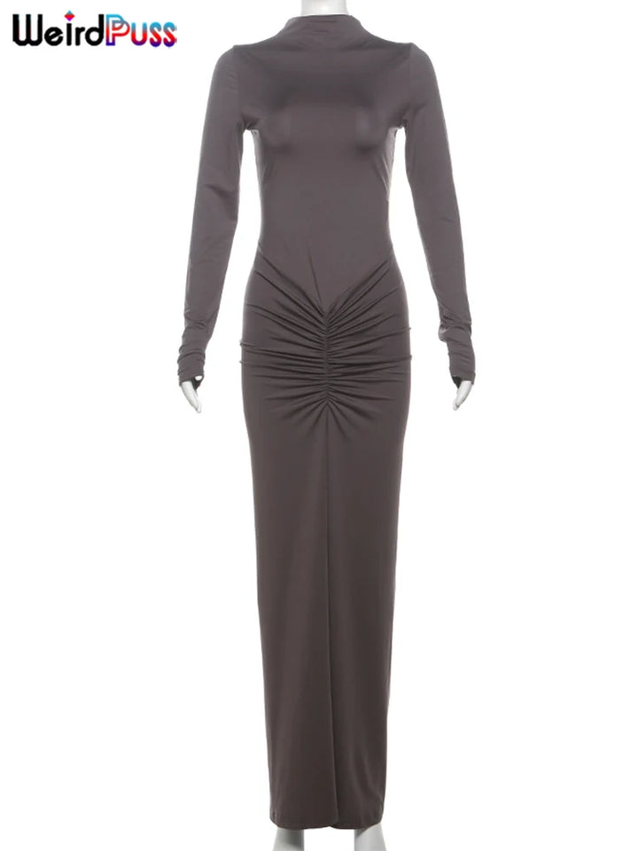 Weird Puss Ruched O Neck Slim Bodycon Dress