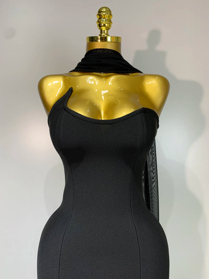 Black Strapless Bandage Dress Mesh Patchwork Gown