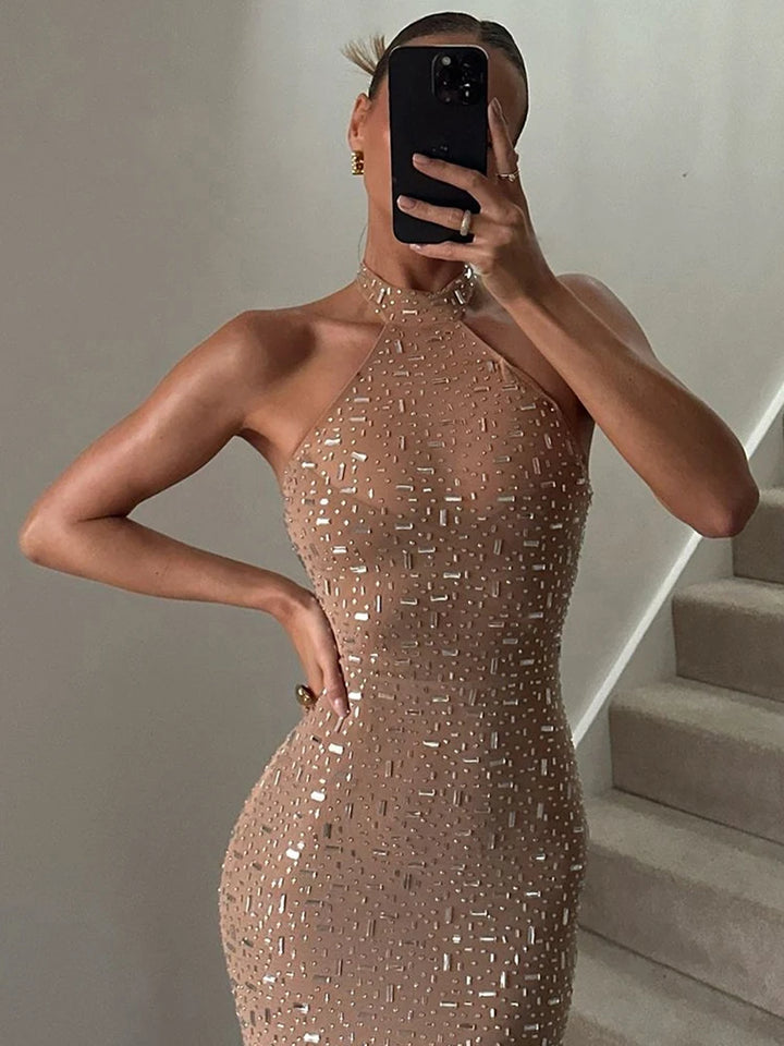 Sisterlinda Sequin Halter Bodycon Dress Women Elegant