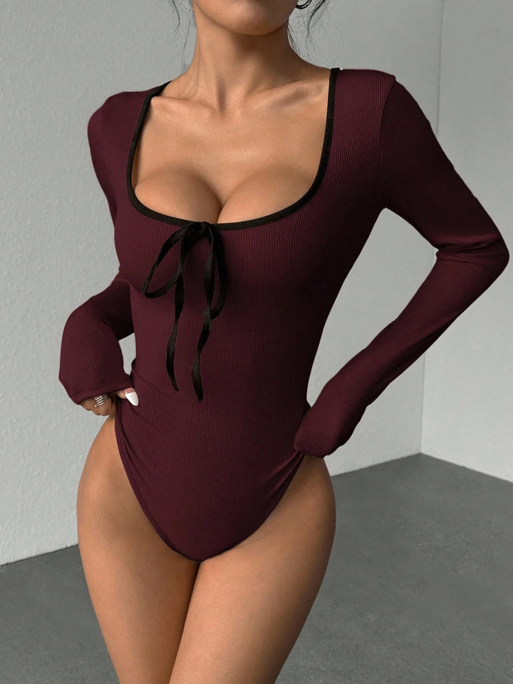 Trendy Women Rib Knit Bow Bodysuit Slim Color