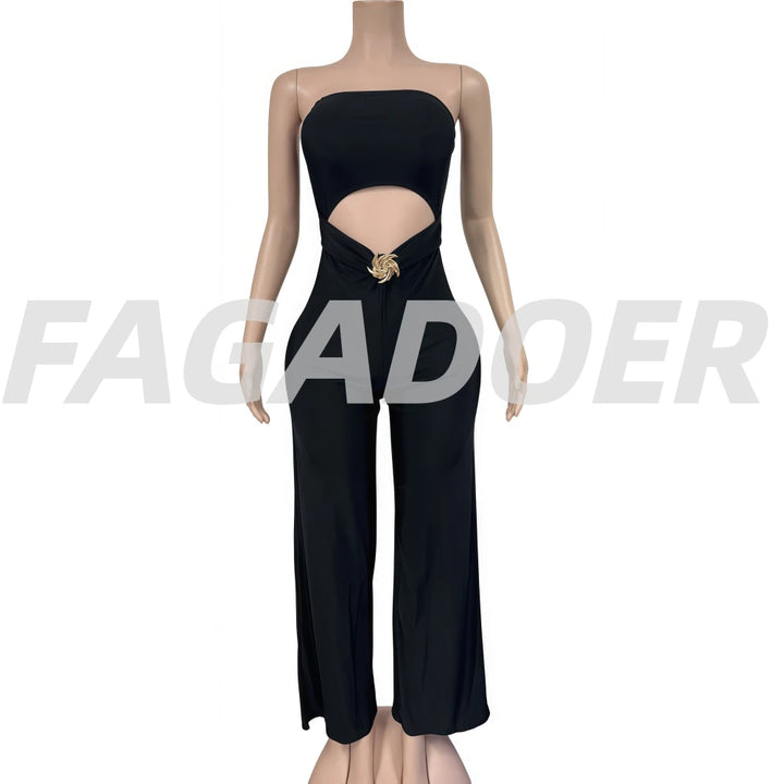 Fagadoer Sexy Hollow Out Bodycon Jumpsuit Women