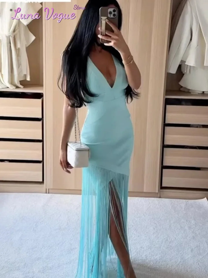 Elegant V-neck Wide Strap Maxi Dress With Chic Tassel Details