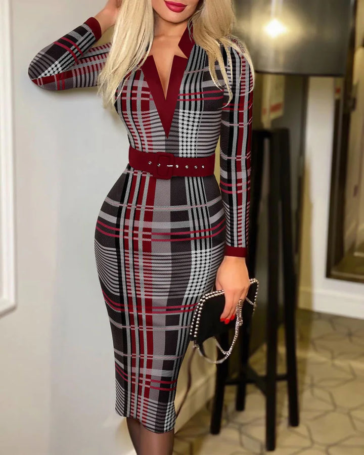 Geometric Pattern V Neck Midi Dress Belt