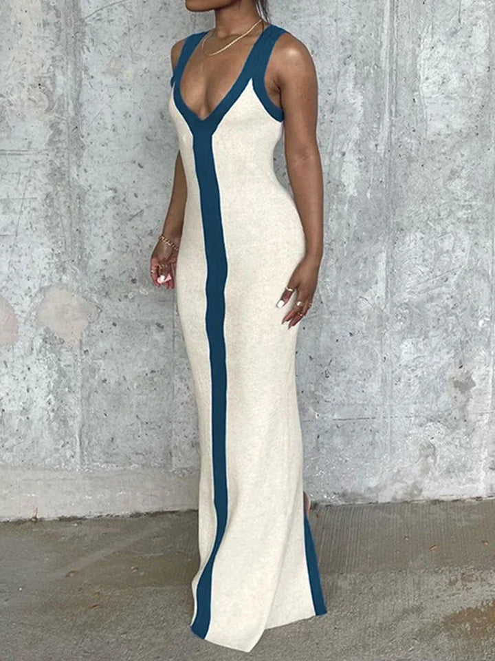 Stunning V-Neck Contrast Long Dress For Party and Club Events