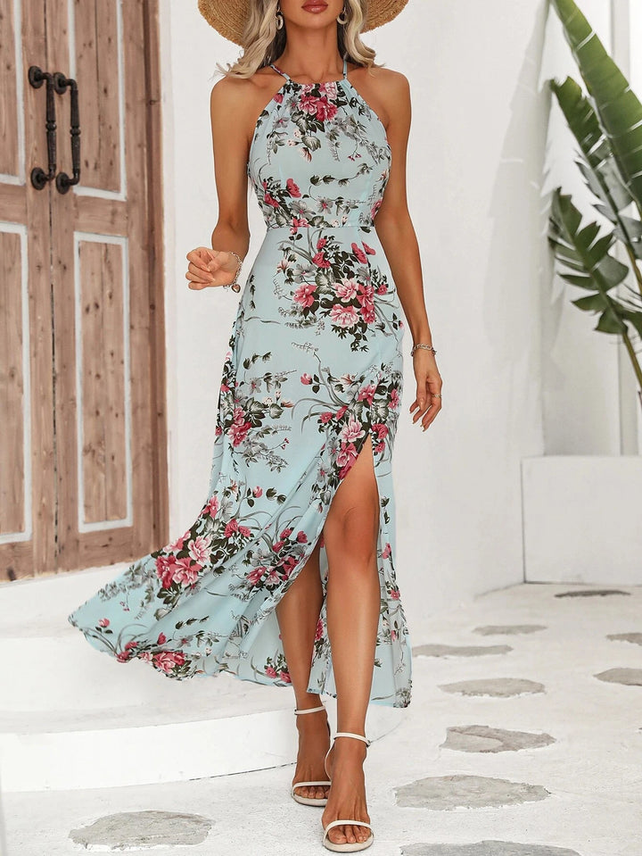 Womens Floral Halter Dress High Slit Bodycon Party