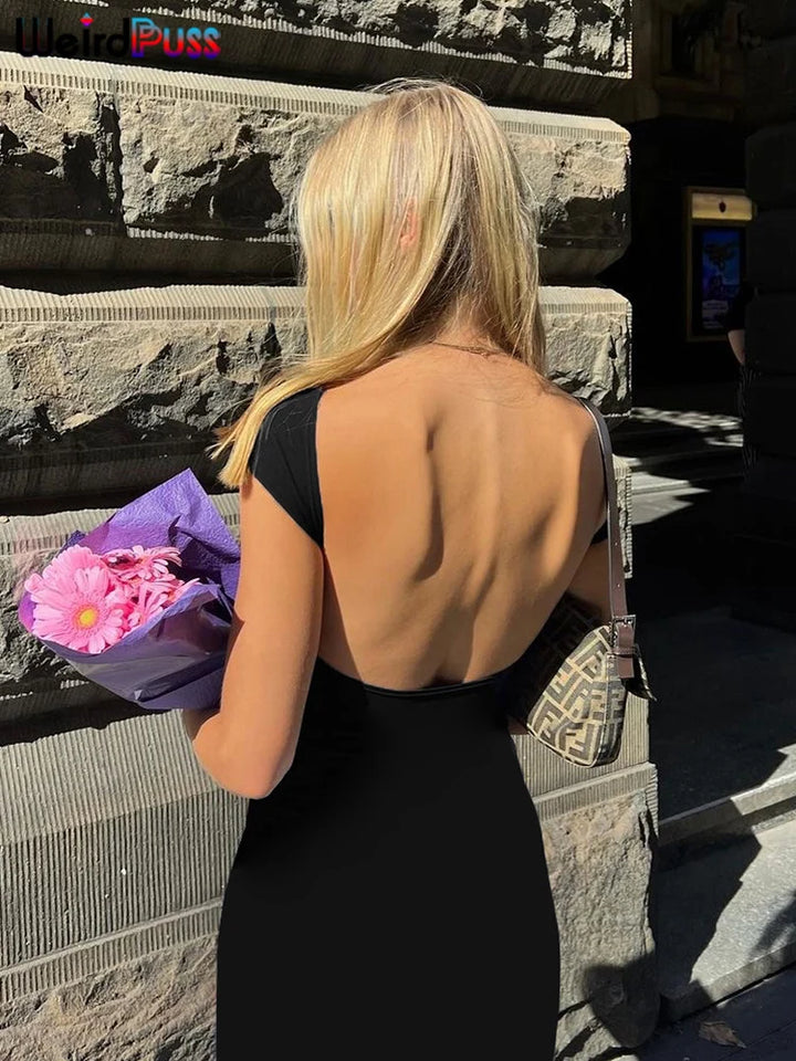 Weird Puss Backless Bodycon Maxi Dress Women Club