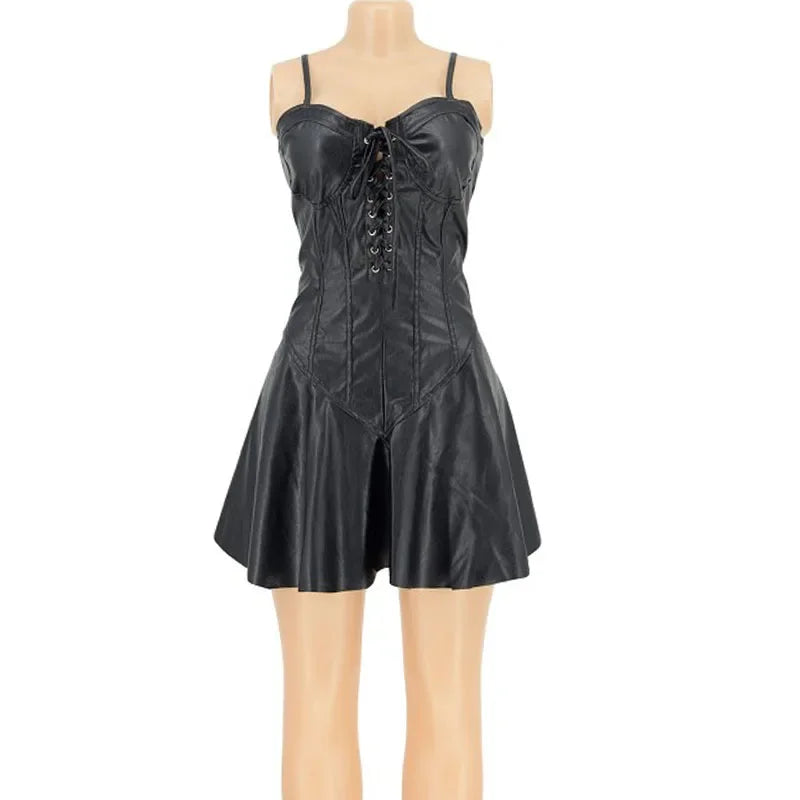 Sexy Spaghetti Strap Corset Leather Lace Up Dress