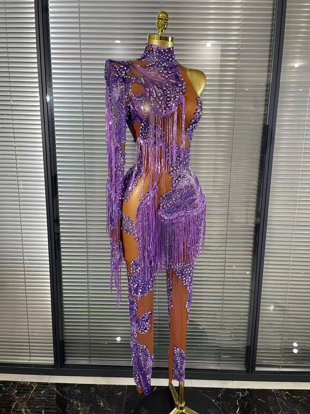 Shining Rhinestones Purple Sexy Tassels Mesh See Through Bodycon Jumpsuit Celebrate Nightclub Party Birthday Photoshoot Wear