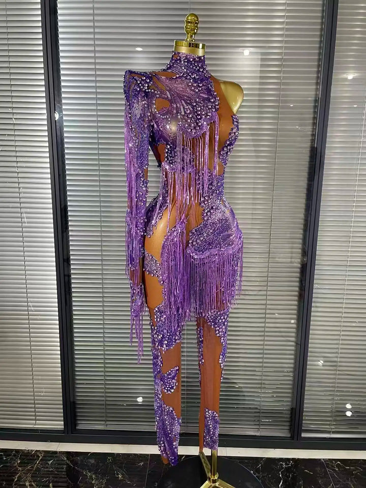 Shining Rhinestones Purple Sexy Tassels Mesh See Through Bodycon Jumpsuit Celebrate Nightclub Party Birthday Photoshoot Wear