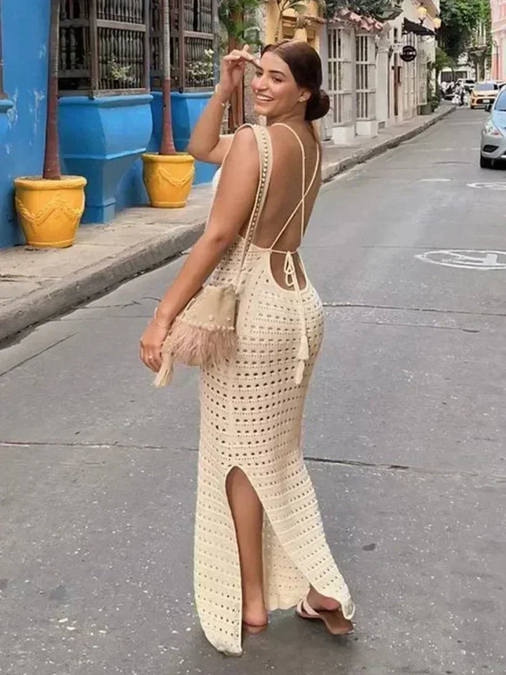 Sexy Knit Cutout Tassel Spaghetti Strap Maxi Dress