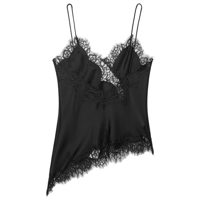 HXAO Asymmetrical Slip Top Women Summer 2025 Y2K Tanks &amp; Camis Lace Black Off Shoulder Top Elegant Sleeveless Backless Camisole