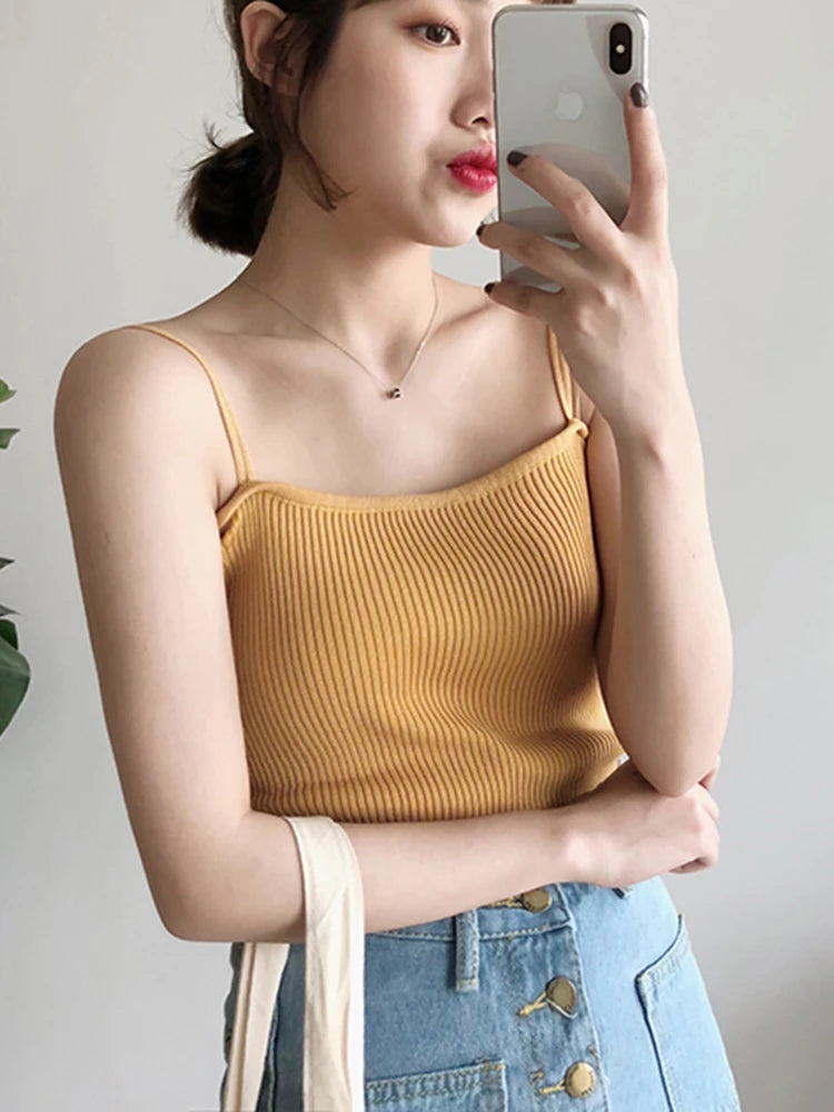 Slim Stretch Cotton Knitted Halter Crop Vest