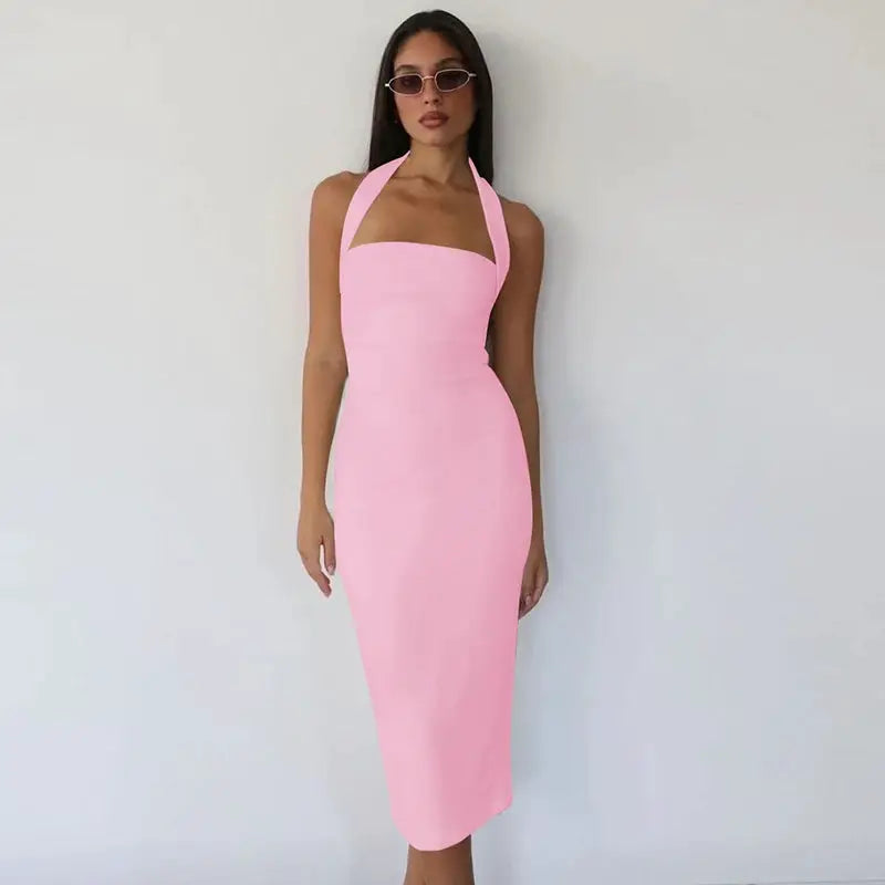 Hugcitar 2025 Elegant Halter Black Backless Sexy Bodycon Maxi Prom Dress Summer Women Y2K Clothes Wedding Birthday Party