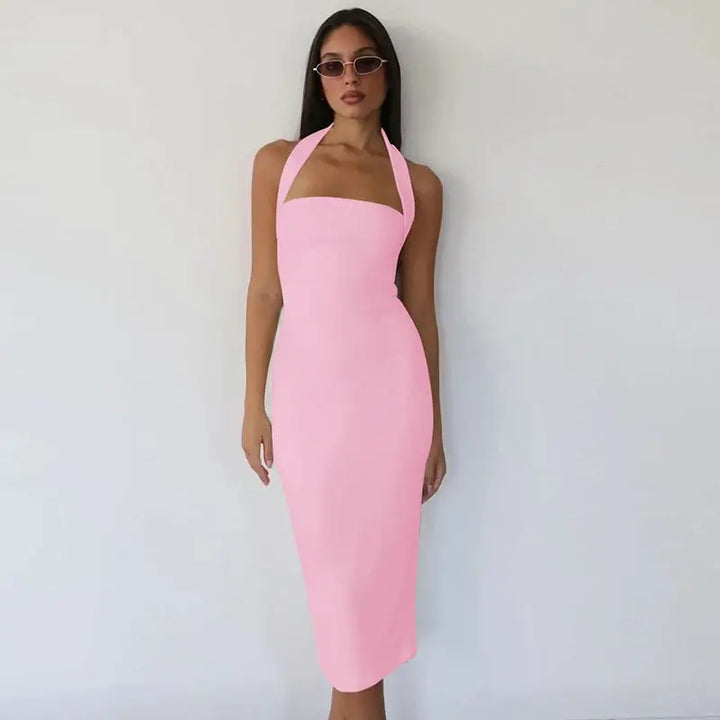 Hugcitar 2025 Elegant Halter Black Backless Sexy Bodycon Maxi Prom Dress Summer Women Y2K Clothes Wedding Birthday Party