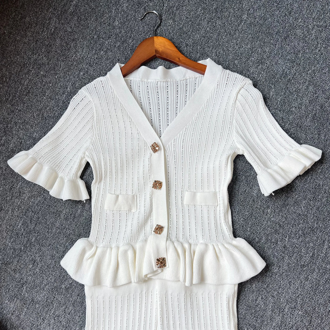 YuooMuoo Knit Maxi Dress V Neck Ruffles Slim Waist