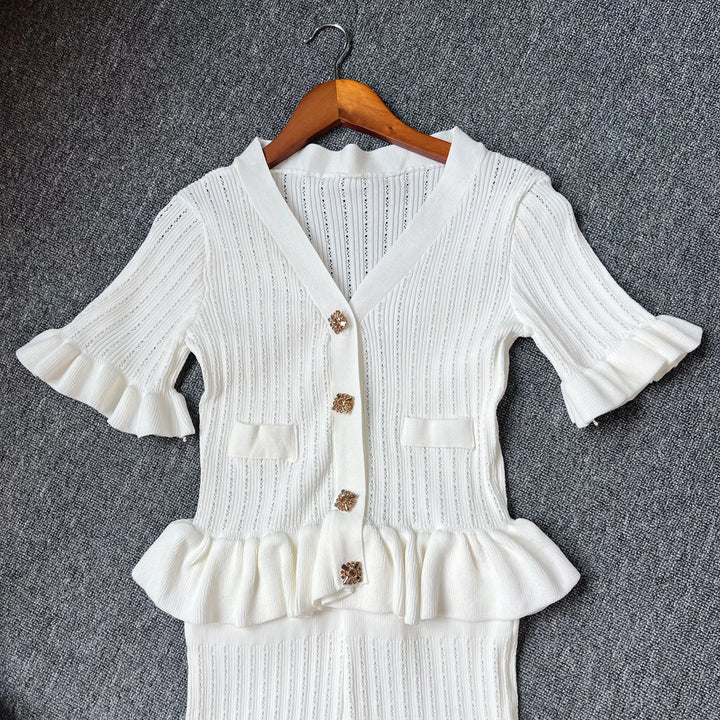 YuooMuoo Knit Maxi Dress V Neck Ruffles Slim Waist
