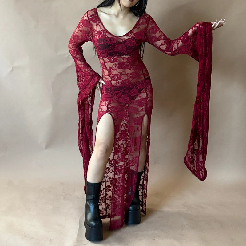 Egirl Goth Punk Sheer Lace Maxi Dress Long Sleeve