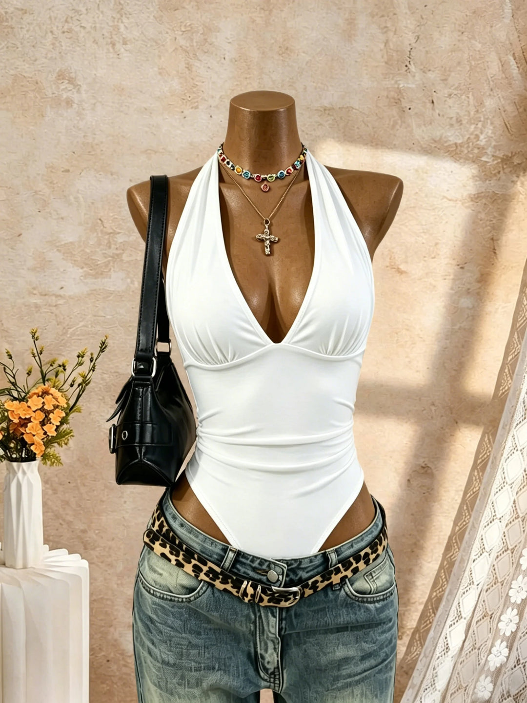 Chic Y2K Halter Bodysuit Deep V Neck Slim Fit