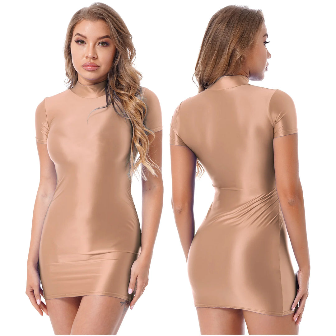 Oil Glossy Bodycon Mini Dress Women Sexy Clubwear