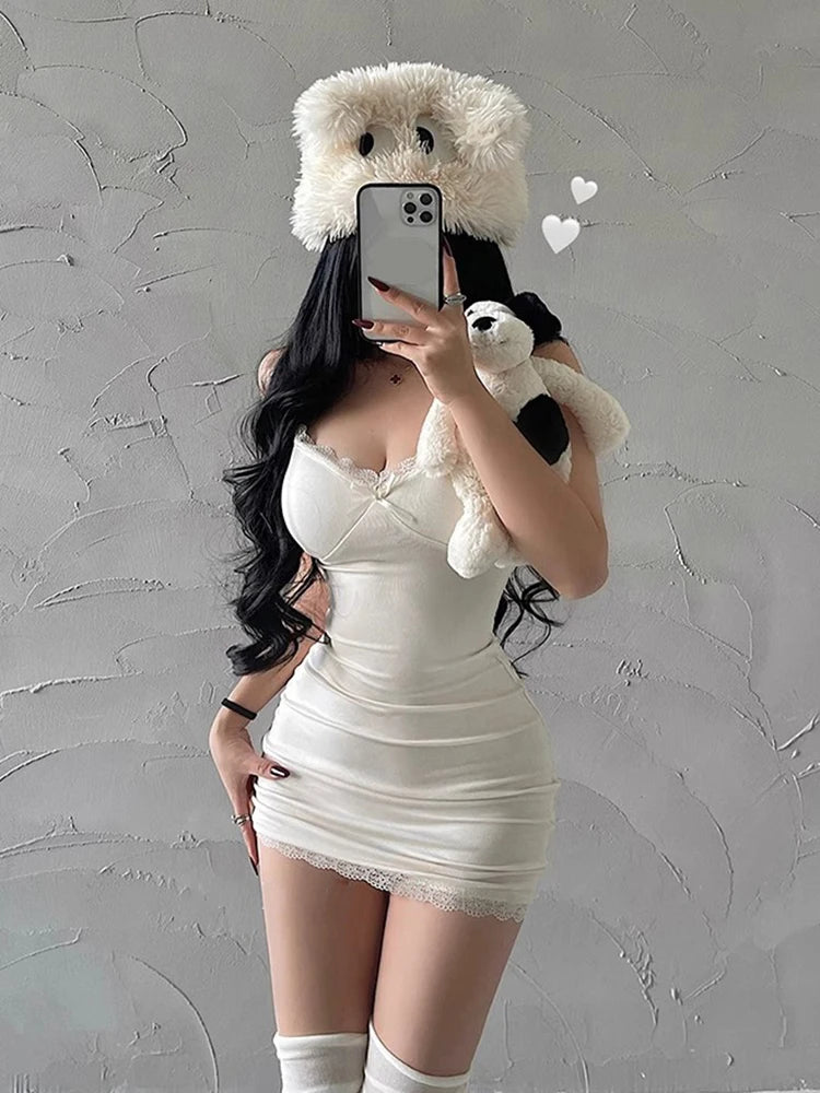 Y2K Lace Patchwork Spaghetti Strap Bodycon Dress