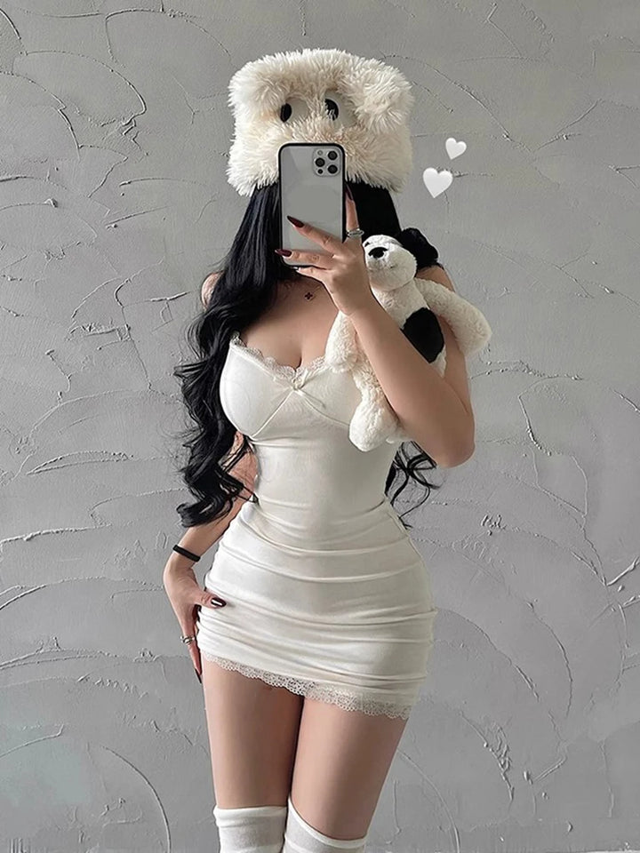 Y2K Lace Patchwork Spaghetti Strap Bodycon Dress