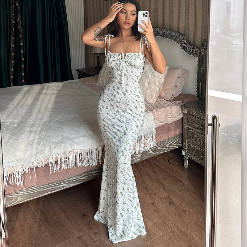 Floral Sleeveless Backless Lace Up Bodycon Maxi