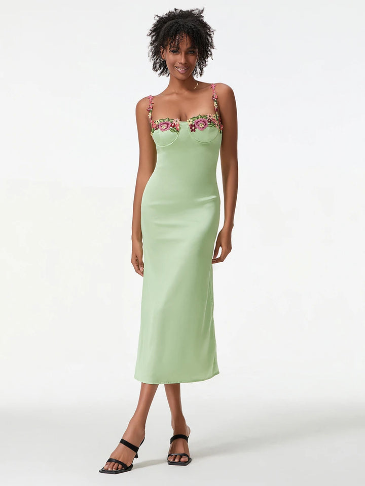 Luxury Satin Flower Embroidery Evening Gown