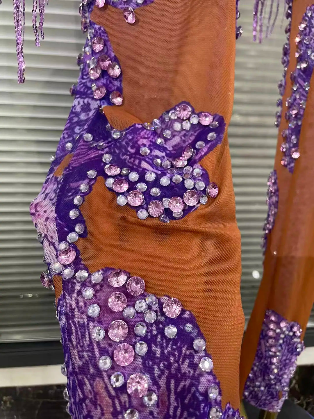 Elegant Purple Rhinestone Mesh High Waist Jumpsuit