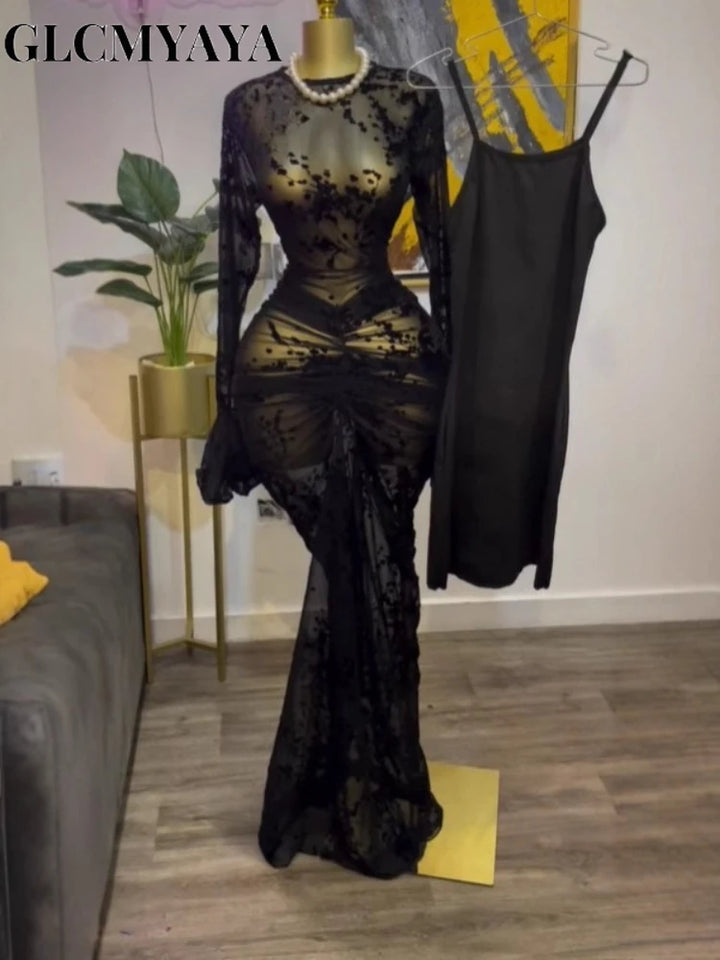 CM.YAYA Fall Long Sleeve See Through Lined Dress
