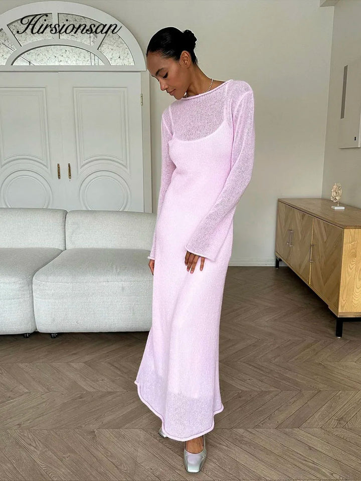 Elegant Elastic Knit Long Dress For Women Soft Chic O-Neck Sweater