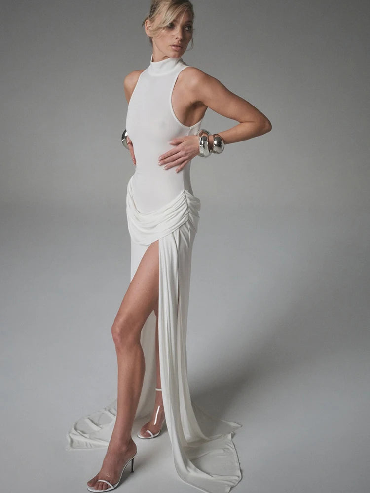 Elegant White Maxi Dress With High Slit And Turtleneck