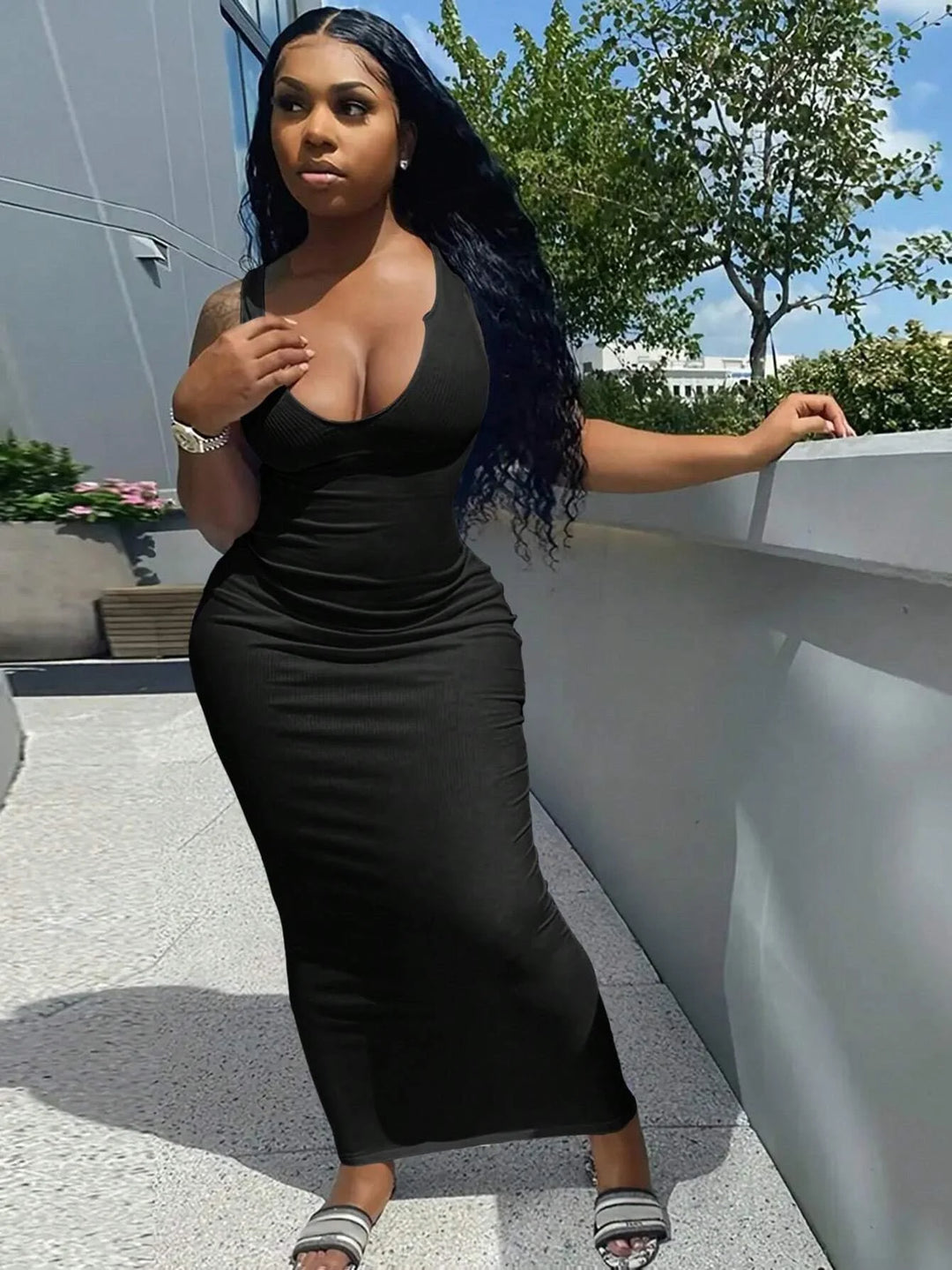 Elegant Notched Neck Bodycon Dress For Women