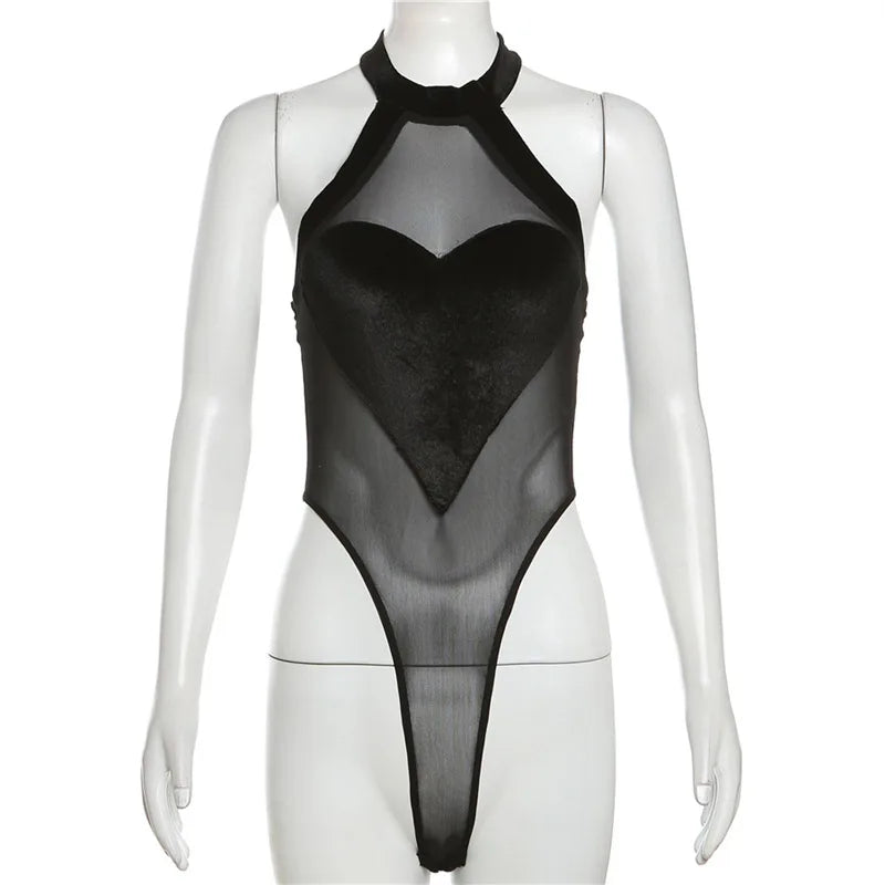 Y2k Goth Bodysuit Heart Mesh Top