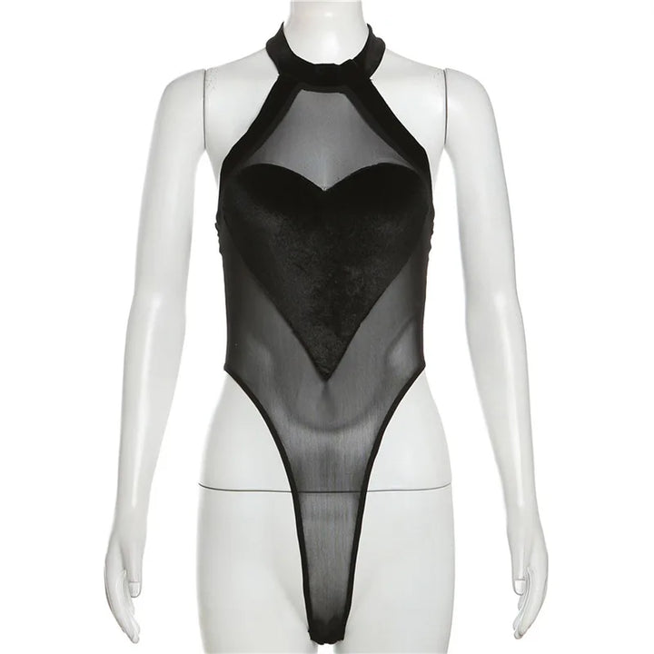 Y2k Goth Bodysuit Heart Mesh Top
