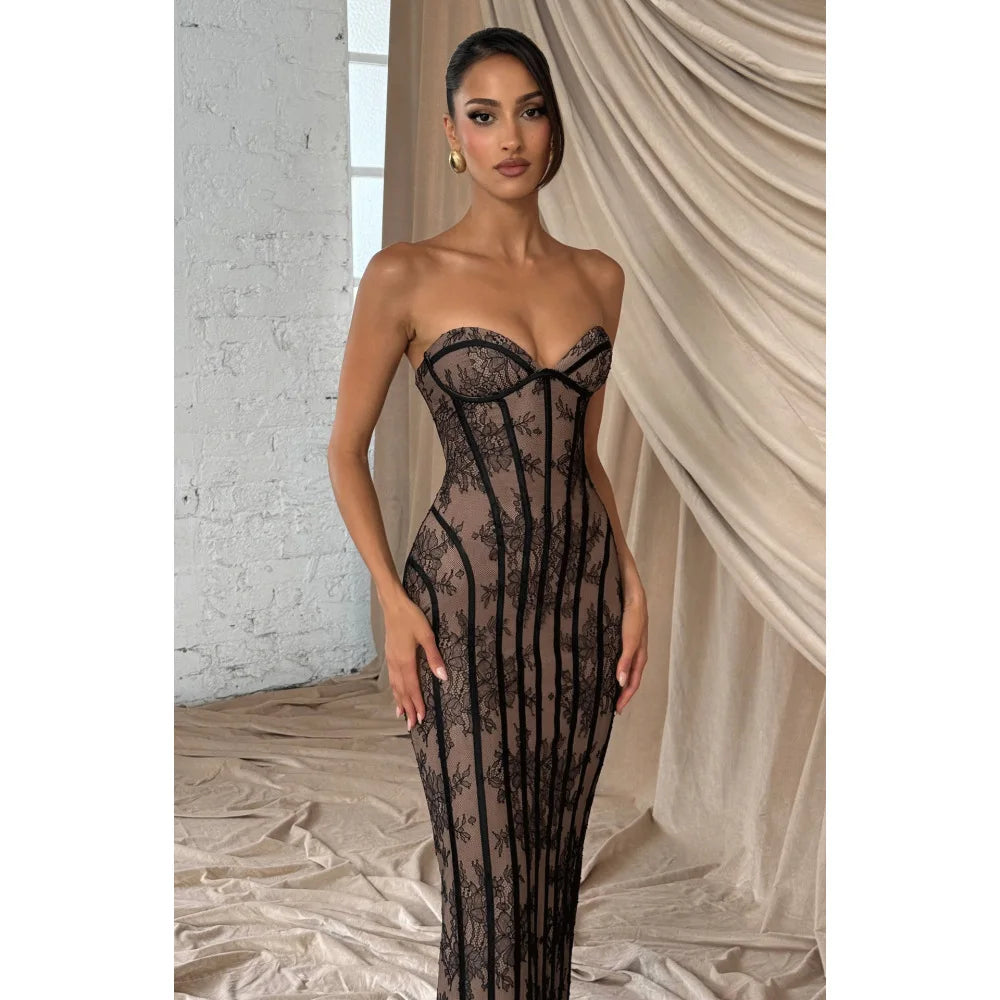 Elegant Lace Strapless Waist Cinching Long Formal Dress