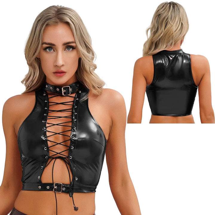Women Leather Vest Gothic Steampunk Wet Look Hollow Out T-shirt Slim Bodycon Streetwear Sleeveless Crop Top Party Clubwear