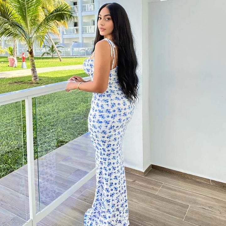 Floral Sleeveless Backless Lace Up Bodycon Maxi