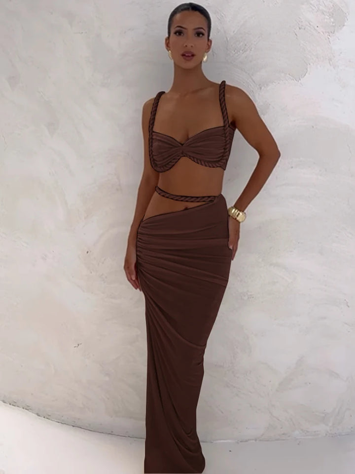 Cutenew Woven Matching Women 2 Piece Sexy Vacation Outfits Pleated Crop Camis+Shirring High Waist Maxi Skirts Solid Mujer Sets