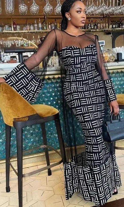 Mesh Flare Sleeve Dress and Bodycon Suit Set Ensemble