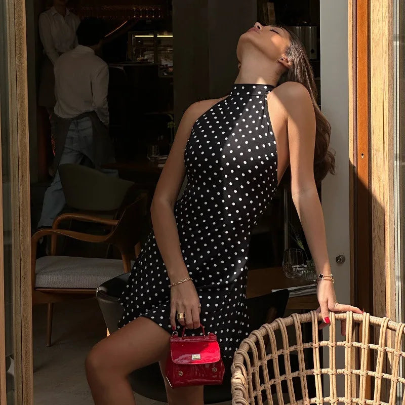Limited Signature Dot Halter Backless Knit Evening