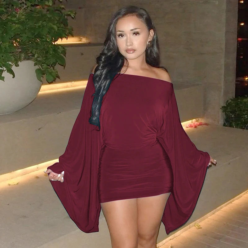 Elegant Ruched Mini Knit Dress With Cloak Sleeves