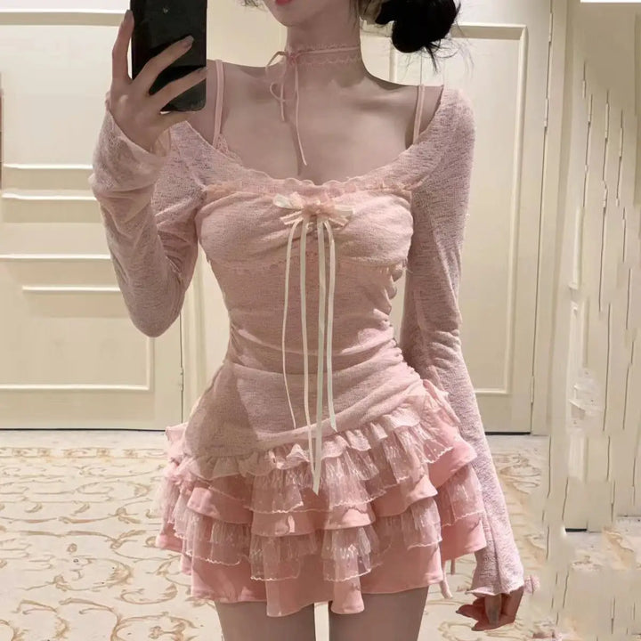 Summer Sexy 2 Piece Dress Set Women Elegant See Through Bodycon T-shirts + Lace Slim Strap Dress 2000s American Vintage Suits