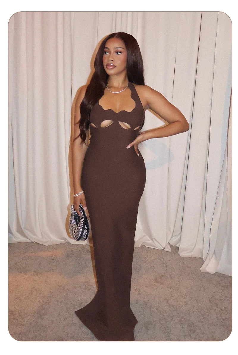 Vj Gachi Elegant Knit Halter Black Evening Gown