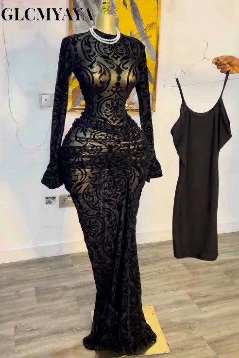 CM.YAYA Fall Long Sleeve See Through Lined Dress